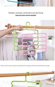 Close-up of five-layer S-shaped plastic hanger for scarves and ties in multiple colors