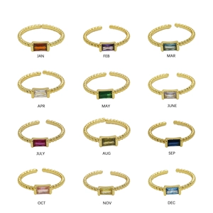 Set of 12 adjustable 18k gold plated beaded rings with rectangular birthstones in various colors