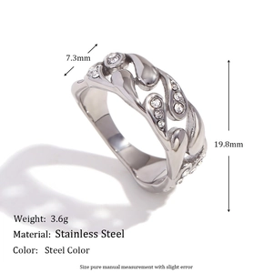 Water drop pattern stainless steel ring with zircon stones at a 45-degree angle view