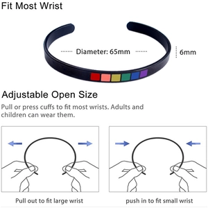Black stainless steel C-shaped cuff bracelet with rainbow inlay and 6mm adjustable opening
