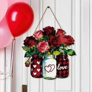 Panneau de porte en bois pour la Saint-Valentin avec roses et motif de bocal Mason