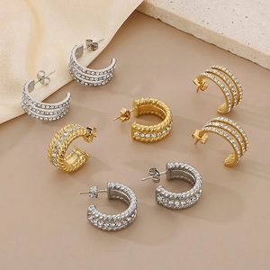 Vintage C Shape Hoop Earrings For Women Stainless Steel Cubic Zirconia Twisted Rope Three Row Pavé Trendy Jewelry