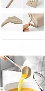 Detail of khaki silicone kitchen utensils showing a slotted turner and soup ladle set