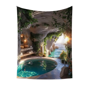 Detail of 3D coastal cave tapestry featuring ocean view and tropical hanging plants