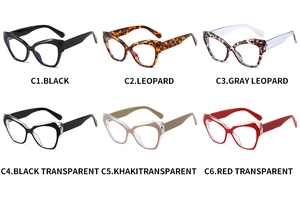Cat eye glasses frames display showing six trendy color variants in a grid layout