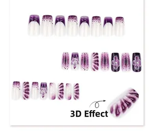 Detail showing 3D floral carving on purple gradient long square press-on nails