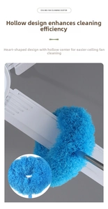 Detail of blue microfiber hollow ceiling fan duster sliding on white fan blades