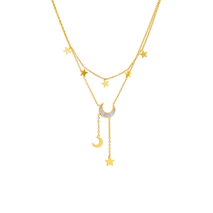 Close-up of double-layer titanium necklace with golden stars and mother-of-pearl moon