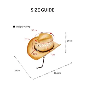 Western straw cowboy hat with vintage sun protection design and detailed sizing chart