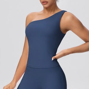 Detailed view of the dark blue one-shoulder high-stretch sports bra for yoga and gym
