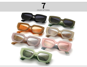 Flat lay of retro rectangle thick frame sunglasses in seven diverse fashion colors