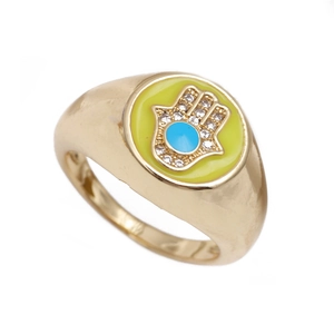 Adjustable gold ring with Hamsa Hand design in yellow enamel and blue crystal stone