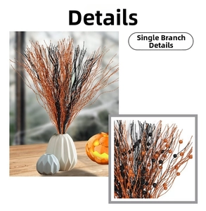 Macro detail of 43cm orange and black glittery berry stems in a white vase for Halloween