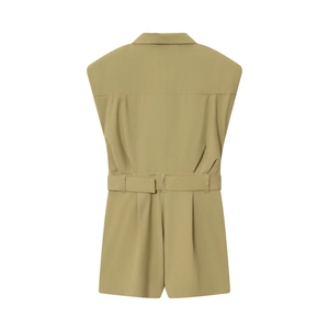 Olive green sleeveless romper with lapel collar and waist belt shown from the back view