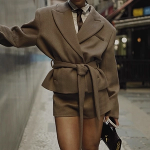 Brown herringbone wool blazer suit with belted jacket and matching shorts for women