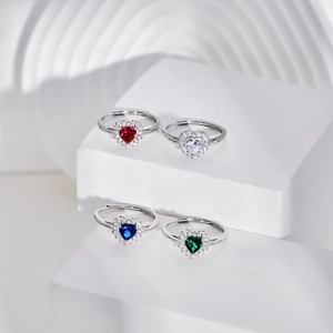S925 sterling silver heart-shaped adjustable rings with colorful gemstone pavé
