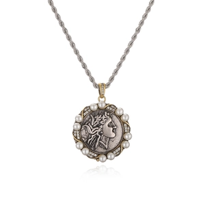 Vintage Roman god coin pendant necklace with pearls and embossed gold relief design