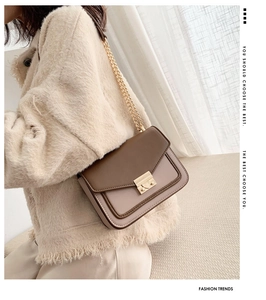 Close-up of vintage bi-color crossbody bag with gold chain strap on a model