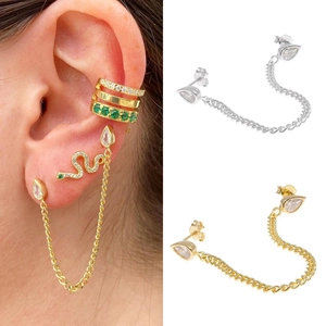Boucles d'Oreilles Chaîne Double Perçage en Cuivre et Zirconia Style Ins pour Femmes Élégant Pendentif Goutte d'Eau Bijoux