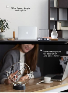 Detail showing hand interacting with a creative motion desk toy for stress relief