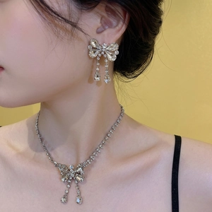 Bowknot Butterfly Tassel Dangle Earrings Necklace Jewelry Alloy Rhinestone Artificial Pearl With 925 Sterling Silver Earring Post