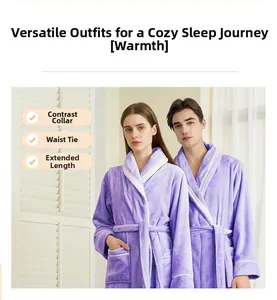 Matching lavender fleece robes with contrasting collars and warm long-length design