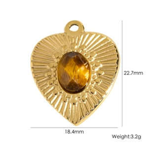 Detailed view of heart-shaped gold pendant with tiger eye stone and size dimensions