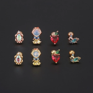 Colorful zircon cartoon stud earrings in rose gold and gold finish with threaded backs