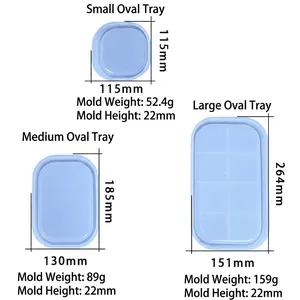 Three sizes of oval silicone resin molds for DIY jewelry trays with dimensions and weights