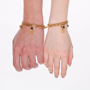 Golden double layer astronaut magnetic couple bracelets with bead and paperclip chain