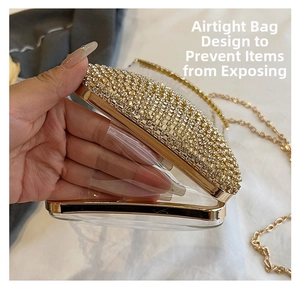 Detail view of the accordion side gussets on this transparent acrylic evening clutch bag