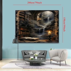 Detail view of 200x150cm Halloween tapestry with mystical library and waterfall design