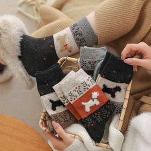 Women Retro Fair Isle Dog Wool Socks Autumn Winter Thick Warm Mid-Tube Socks Geometric Animal Pattern Thermal Knit Crew Socks