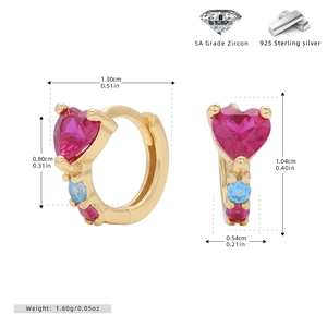 Detail of S925 sterling silver heart earrings with 5A grade red zircon and blue accents