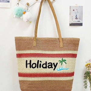 Striped woven straw tote bag with Holiday embroidery and palm tree design for summer beach