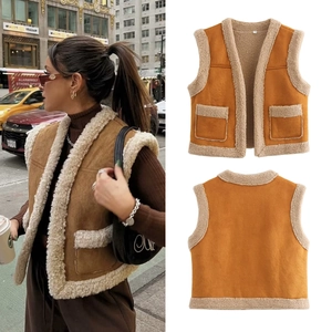 Women Faux Suede Sherpa Vest Sleeveless Fleece Lined Jacket Retro Brown Outwear With Pockets