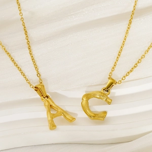 18k gold plated stainless steel necklaces with bamboo texture A and C letter pendants