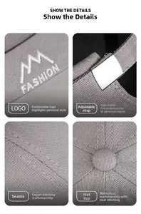Detail view of M FASHION embroidery and metal adjustment buckle on grey cotton docker cap