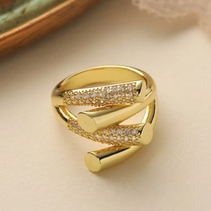 Modern irregular geometric layered ring in gold finish with sparkling zircon accents