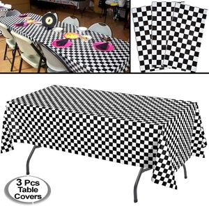 Three pieces of racing checkered table covers for birthday parties and events