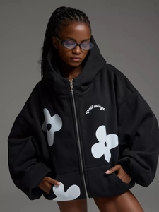 Women Hoodie Zip Up Hooded Cotton Polyester Floral Print Oversized Long Sleeve Streetwear Casual Sweatshirt