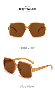 Detail view of large square irregular sunglasses in translucent jelly tea finish