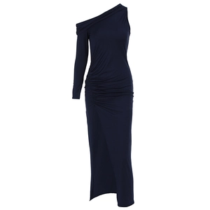 Detail of ruched waist and side slit on a navy blue asymmetric one-shoulder dress