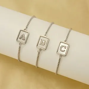 Stainless Steel Initial Bracelet Mother Of Artificial Pearl Square Pendant Adjustable Slide Buckle Dainty Jewelry For Women