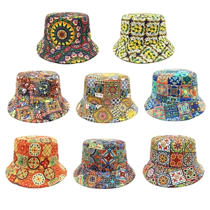 Bohemian Print Bucket Hat Polyester Sun Protection Reversible Mediterranean Tile Pattern Summer Travel Outdoor Women