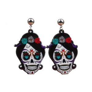 Macro shot of colorful acrylic Mexican sugar skull earrings with vibrant floral patterns