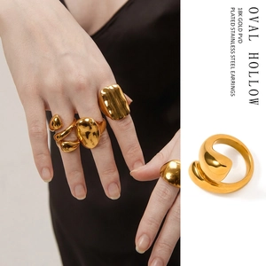 Polished 18K gold plated stainless steel oval hollow ring with minimalist organic design