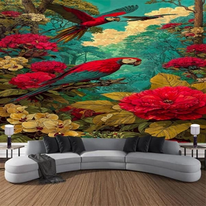 Detail of tropical rainforest tapestry with macaws and hibiscus for wall decor