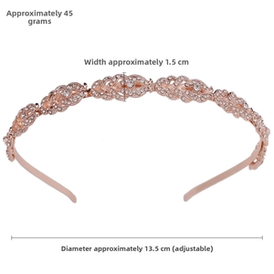 Detail view of rhinestone bridal crown showing dimensions and adjustable alloy frame