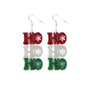 Christmas Ho Ho Ho snowflake earrings with red green white glitter acrylic charms